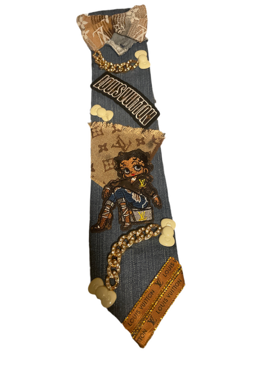 Denim brown Lv with patch junk tie